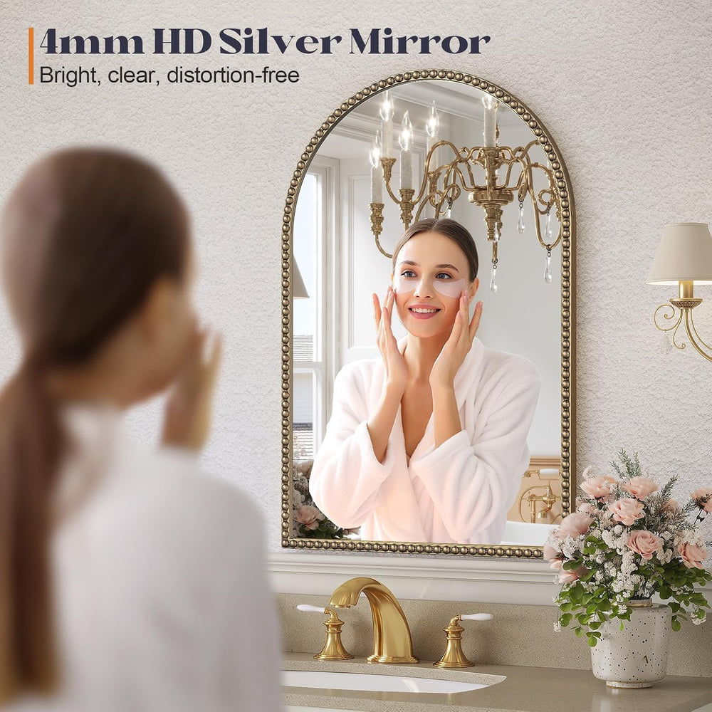 Arched Beaded Mirror, 24"x36" Champagne Bronze Mirror for Bathroom
