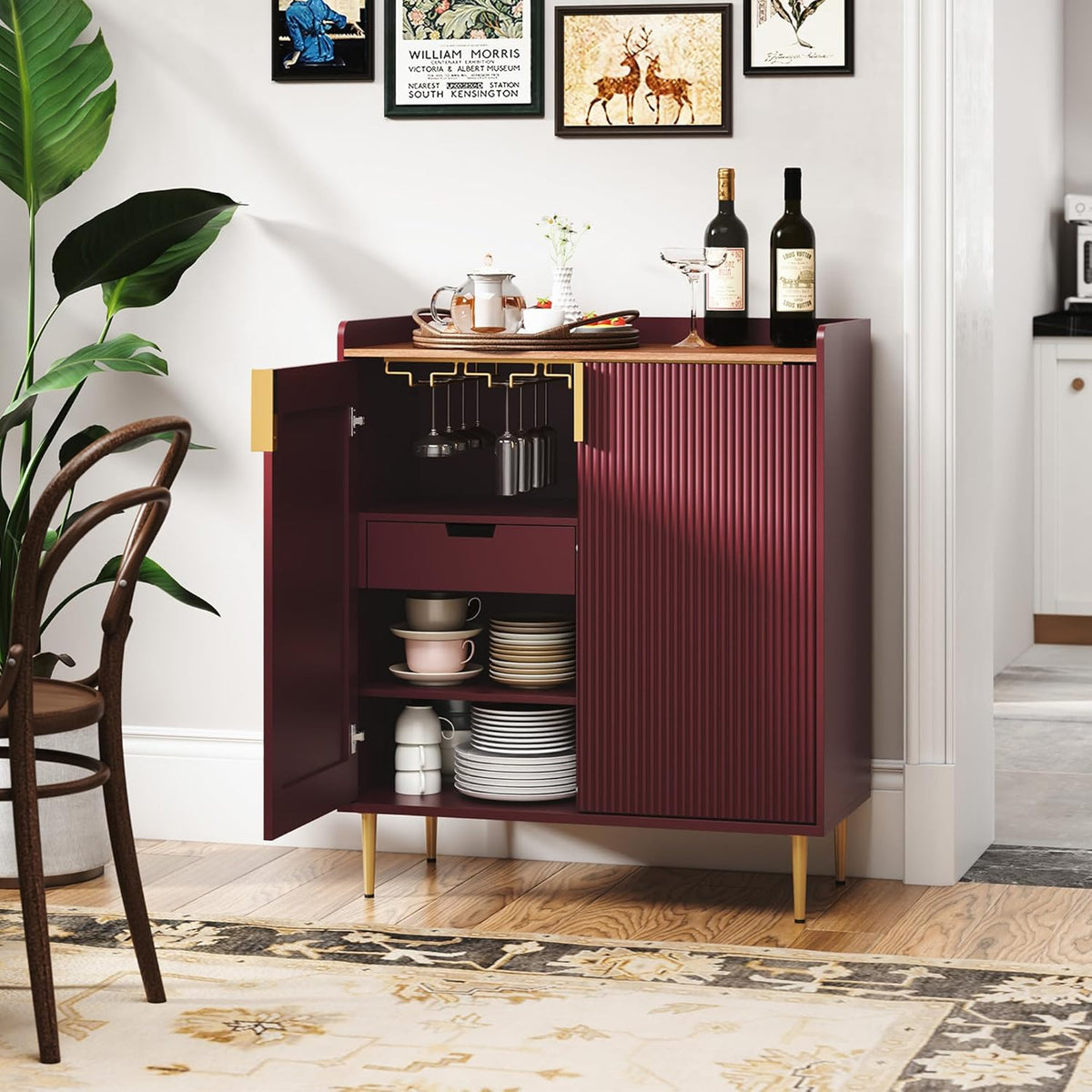 ARTPOWER Coffee Bar Cabinet with Wine Rack&Glass Holder, Red
