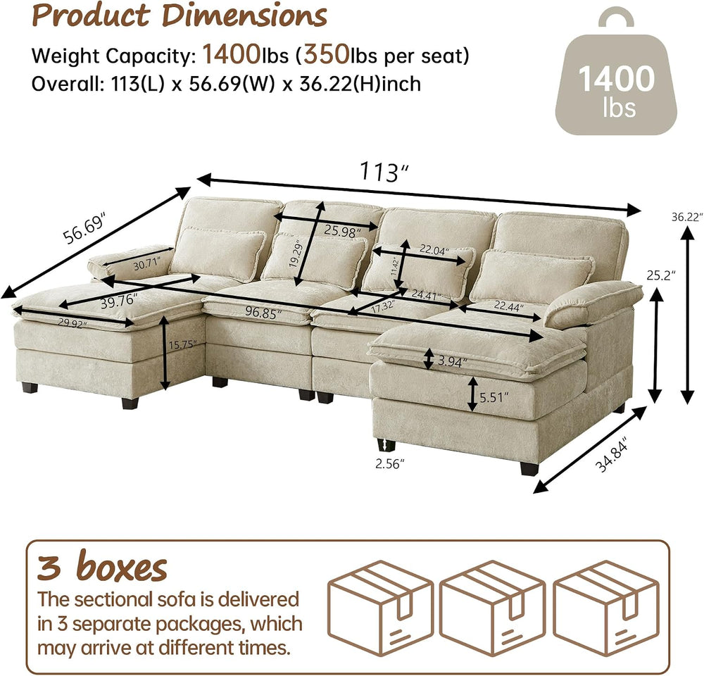 113" U Shaped Sectional Sofa, 4-Seater Cloud Couch, Chenille, Beige