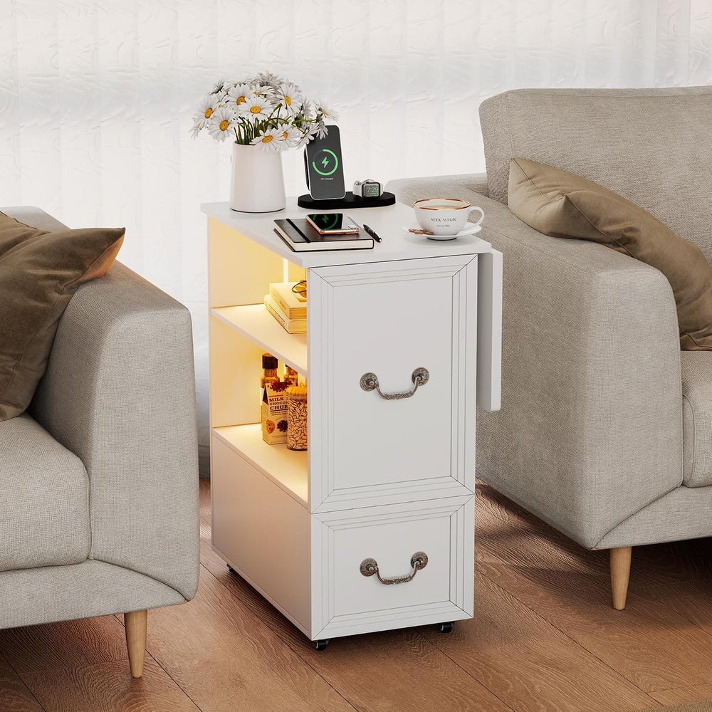 Dystler Rolling Side Table on Wheels, with Drawers & LED Lights Charging
