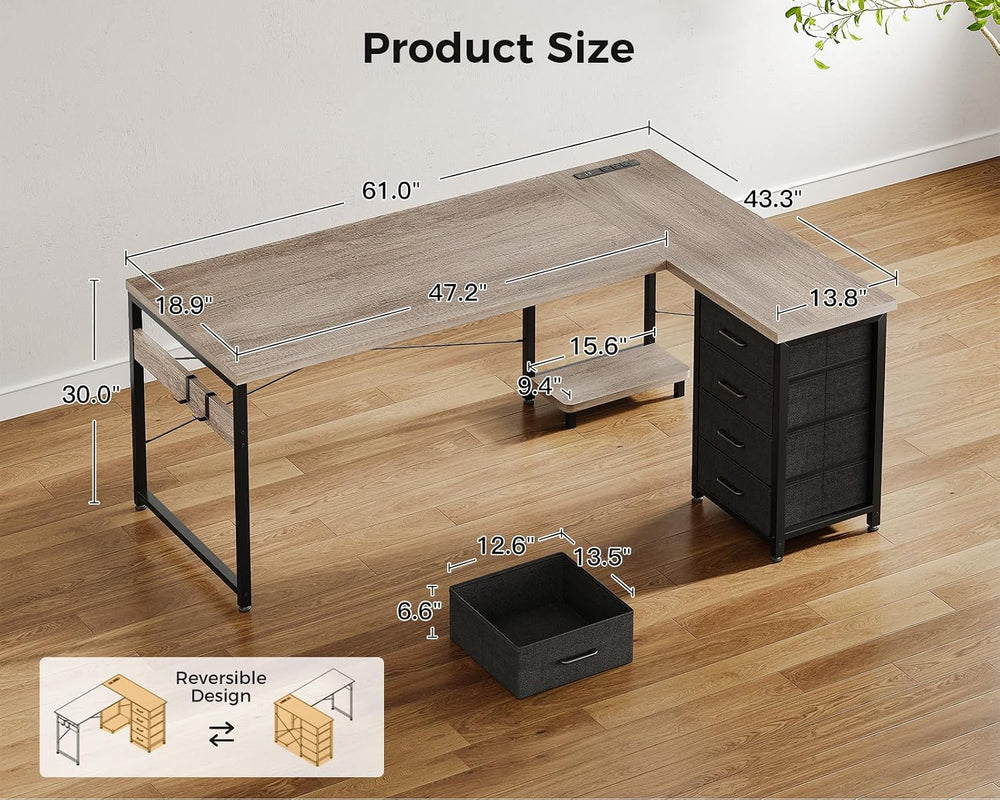 AODK 61" L Shaped Gaming Desk with 4 Drawers and Power Outlets, Grey