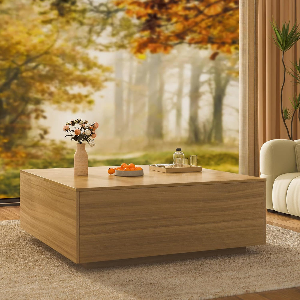 43 Inch Large Square Coffee Table with Storage,Wooden Coffee Table((OAK)
