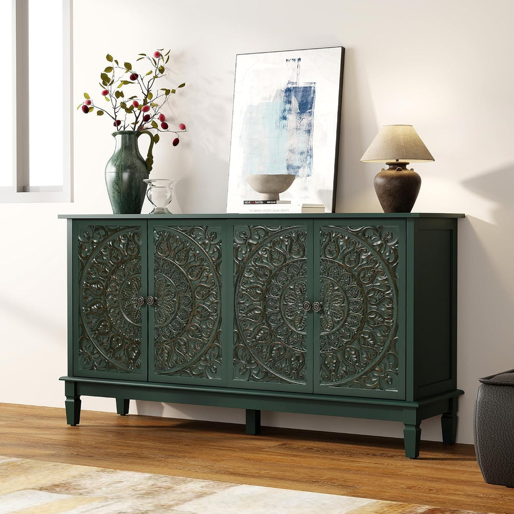 59" Solid Wood Buffet Cabinet, Accent Cabinet, 4 Carved Doors