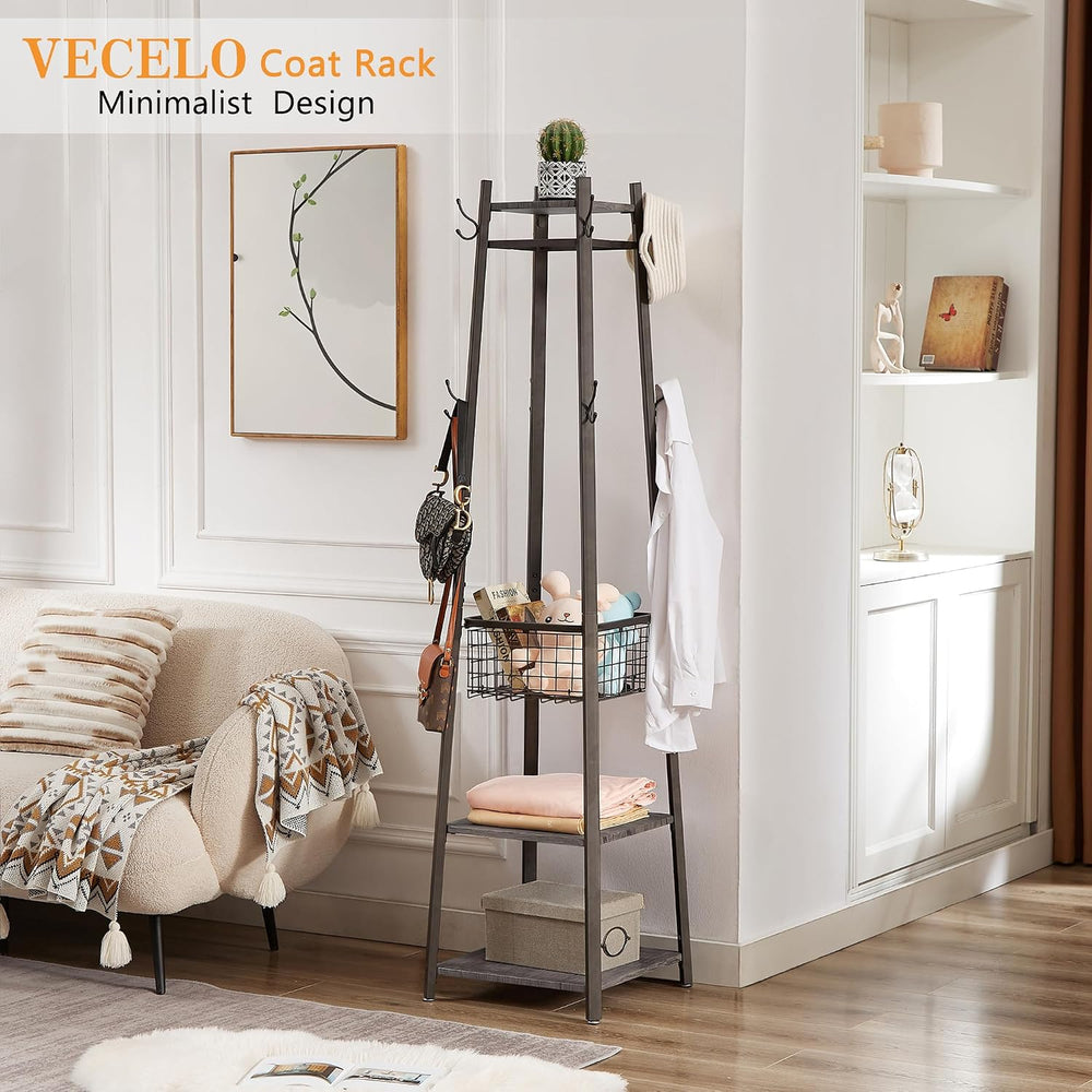 VECELO Coat Rack Freestanding,Hall Tree with Metal Basket and Storage Shelves...