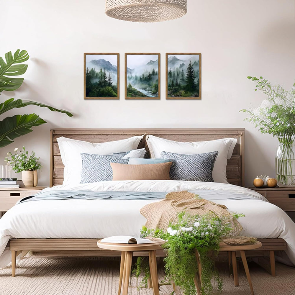 Framed Forest Wall Art Set of 3, Misty Mountain Landscape Canvas Wall Decor P...
