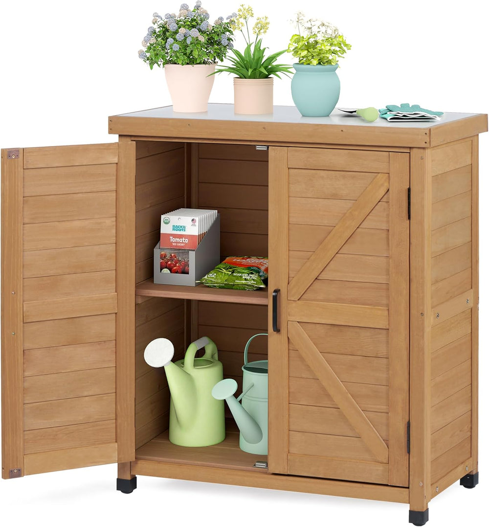 Outdoor Storage Cabinet & Potting Bench Table with Metal Top, Wooden Pati...
