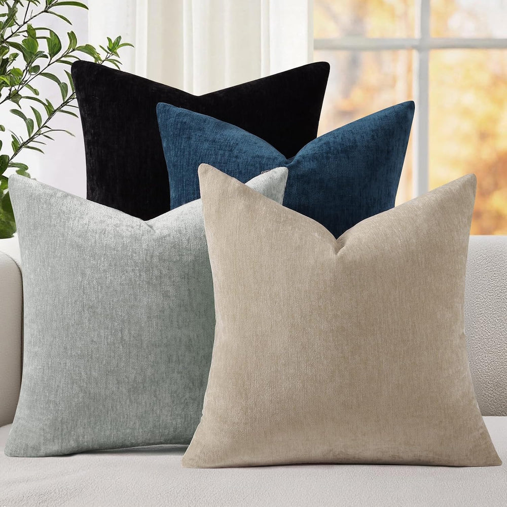 decorUhome Beige Black Soft Chenille Throw Pillow Covers 20X20 Set of 4