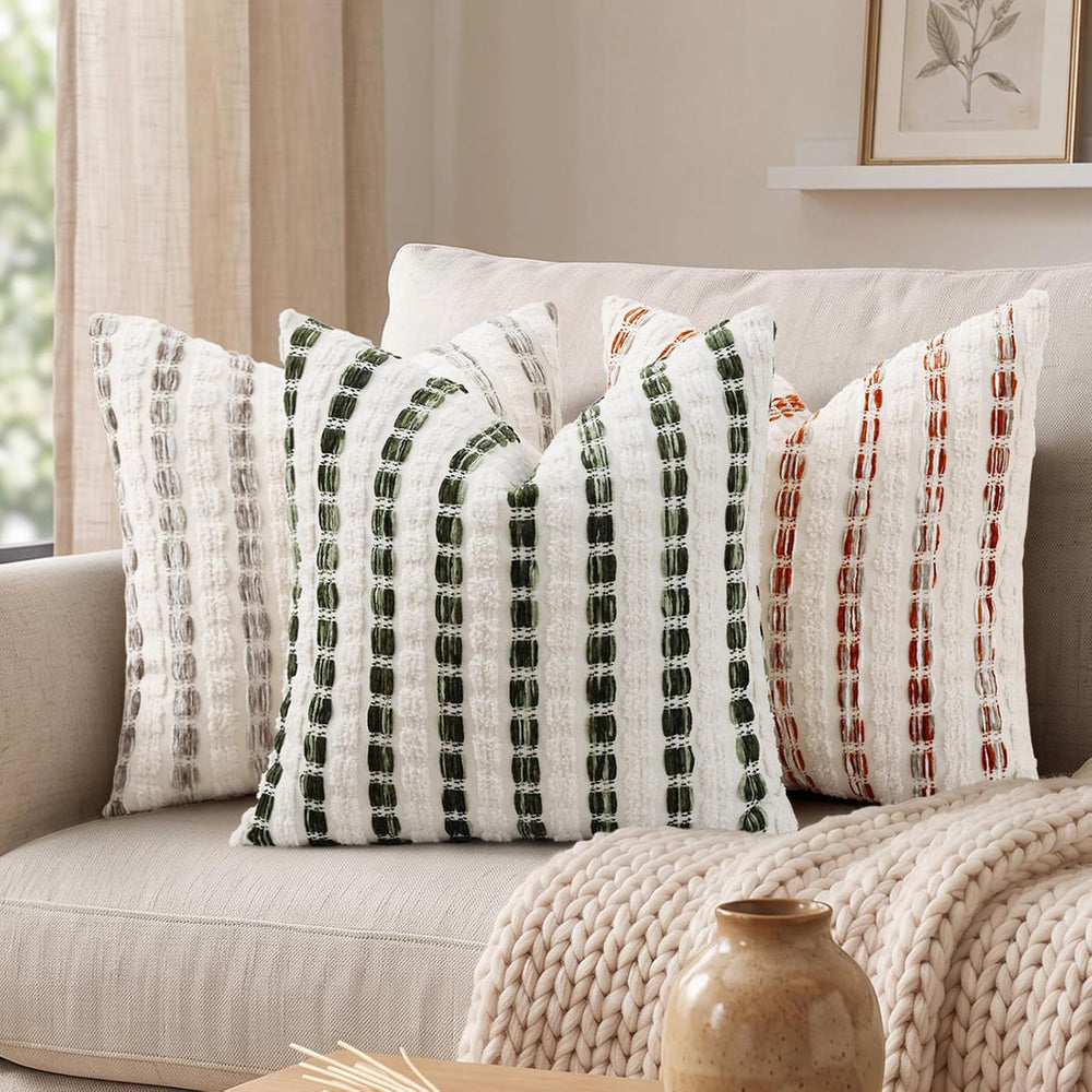 decorUhome Chenille Tufted Stripe Throw Pillow Covers 20x20 Set of 2 Beige