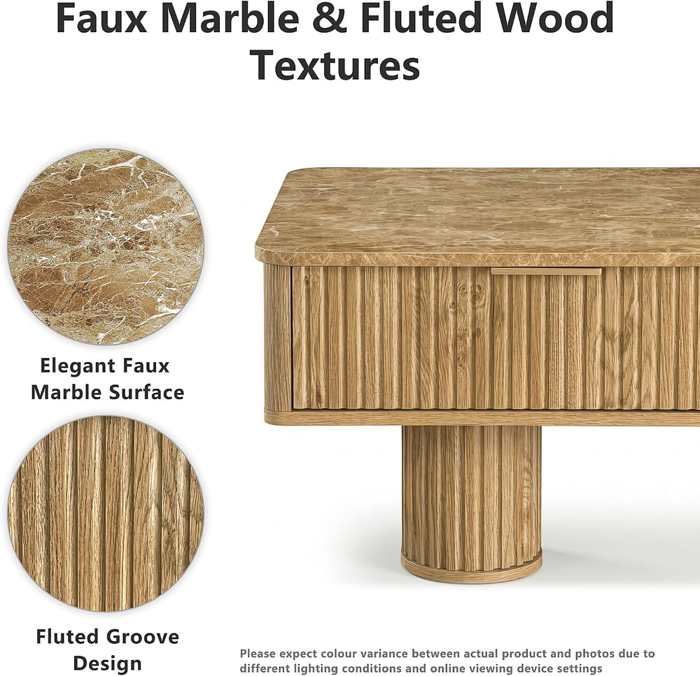 win2win Rectangle Coffee Table with Storage, Faux Marble Top, Boho,Oak