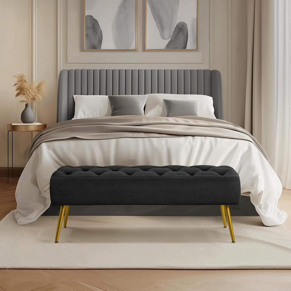 Yaheetech 45" Ottoman Bench for Bedroom, Upholstered Boucle Seat, Black