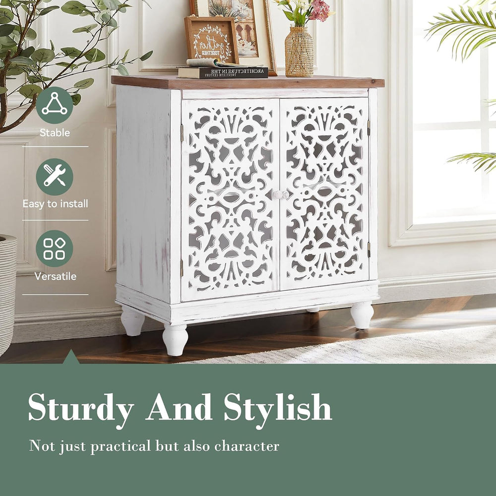 Sophia & William Accent Cabinet with Doors, White Carved Buffet Cabinet