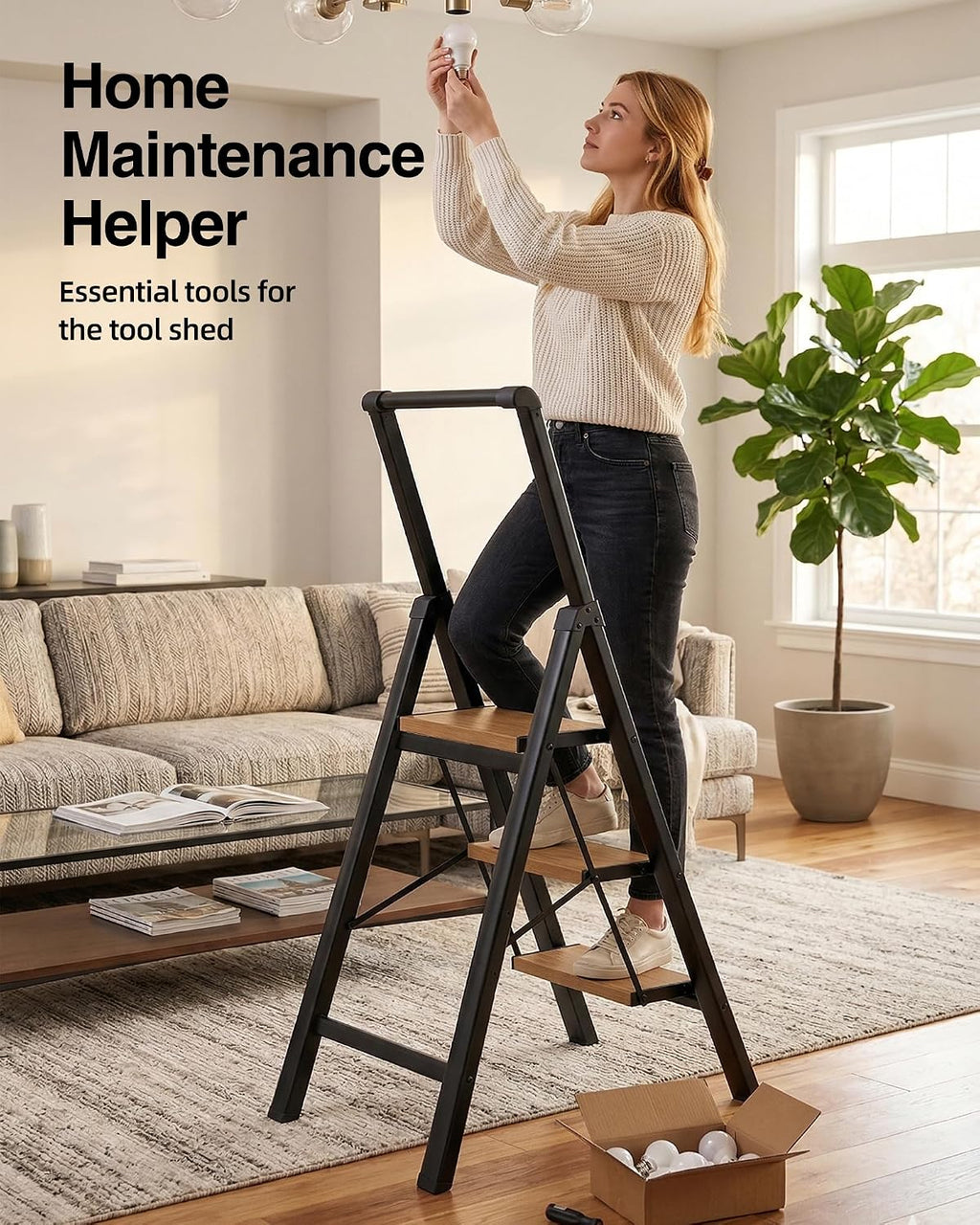 3 Step Ladder,Folding Step Stool with Aluminum Wide Pedal& Convenient Handgrip,330lbs Capacity Steel Ladder for Household and Office(Black &Woodgrain)
