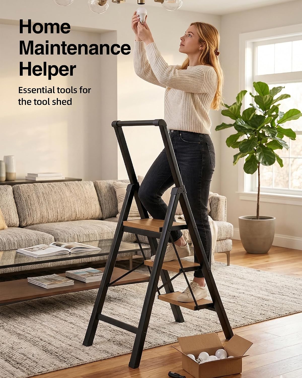 3 Step Ladder,Folding Step Stool with Aluminum Wide Pedal& Convenient Handgrip,330lbs Capacity Steel Ladder for Household and Office(Black &Woodgrain)