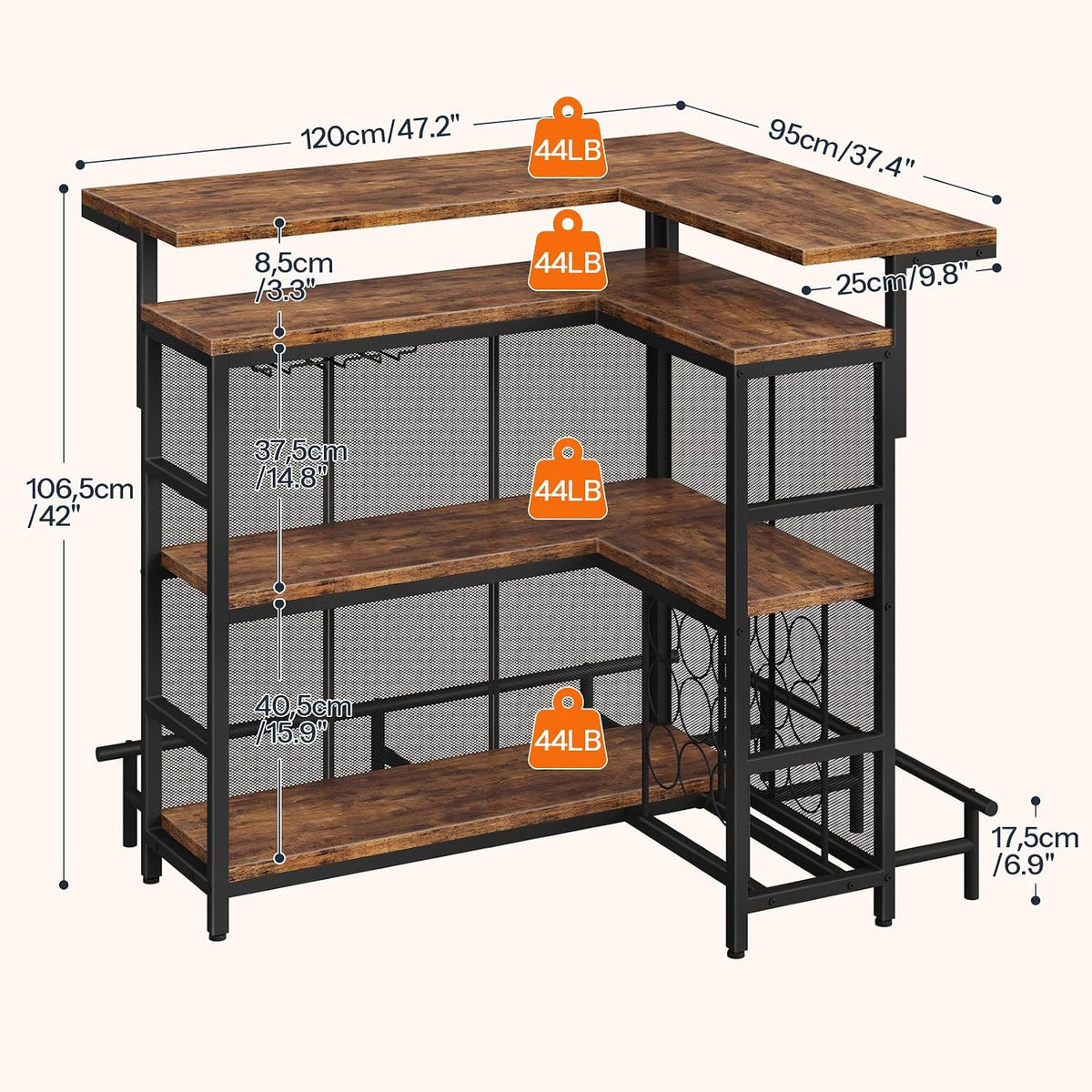 HOOBRO Home Bar Unit, L-Shaped Bar Table with Glasses Holder & 4-Tier Shelves, Corner Mini Liquor Cabinet with Footrest & LED Light APP Control for Home, Pub, Rustic Brown and Black BF129DBT01