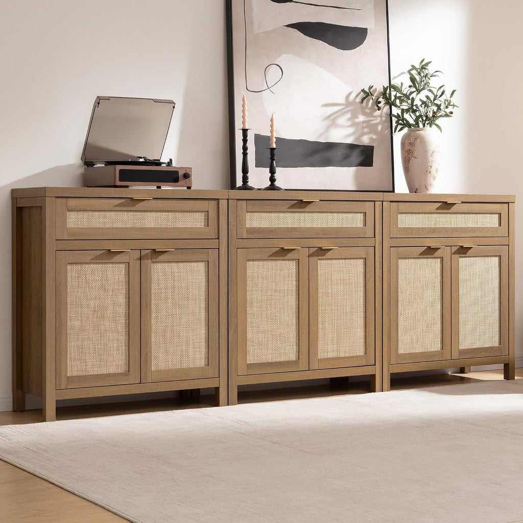 SICOTAS Buffet Cabinet Sideboard with Storage, Rattan Accent Cabinet