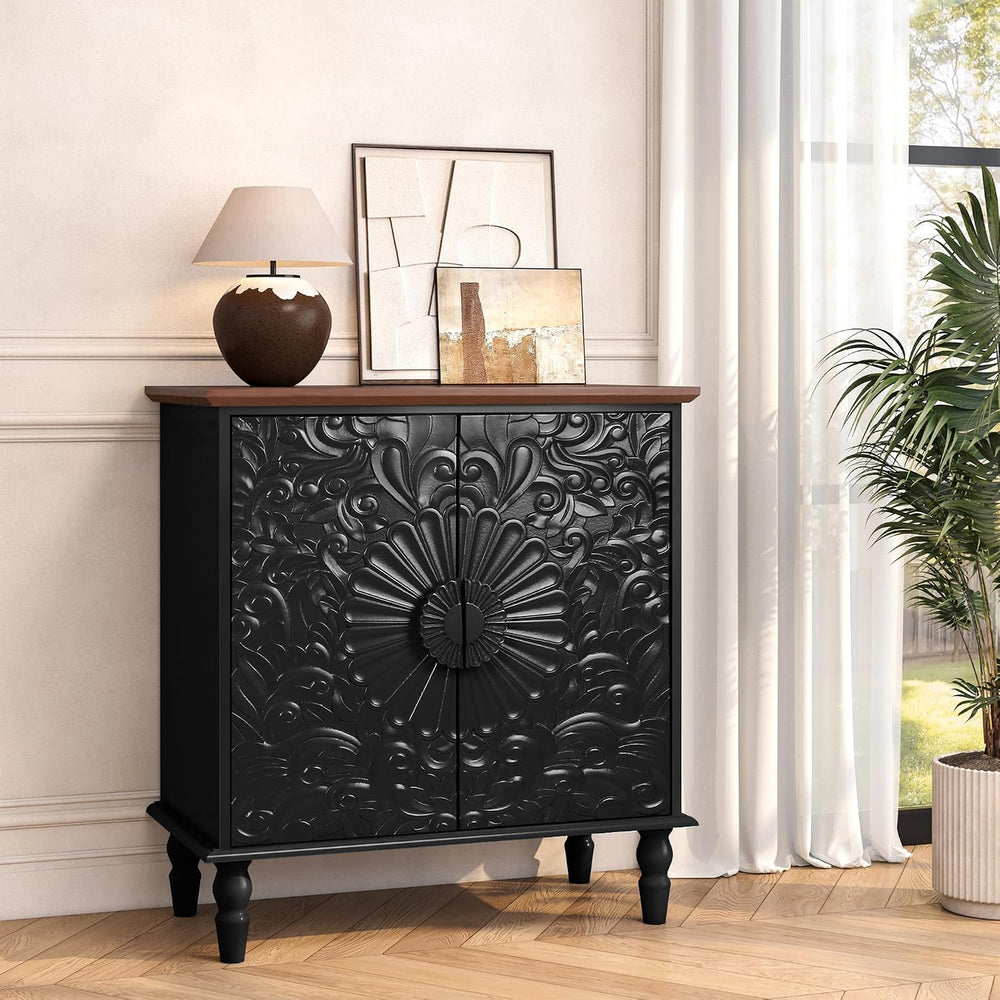 Black Sideboard Buffet Cabinet with 2 Embossed Flowers Doors