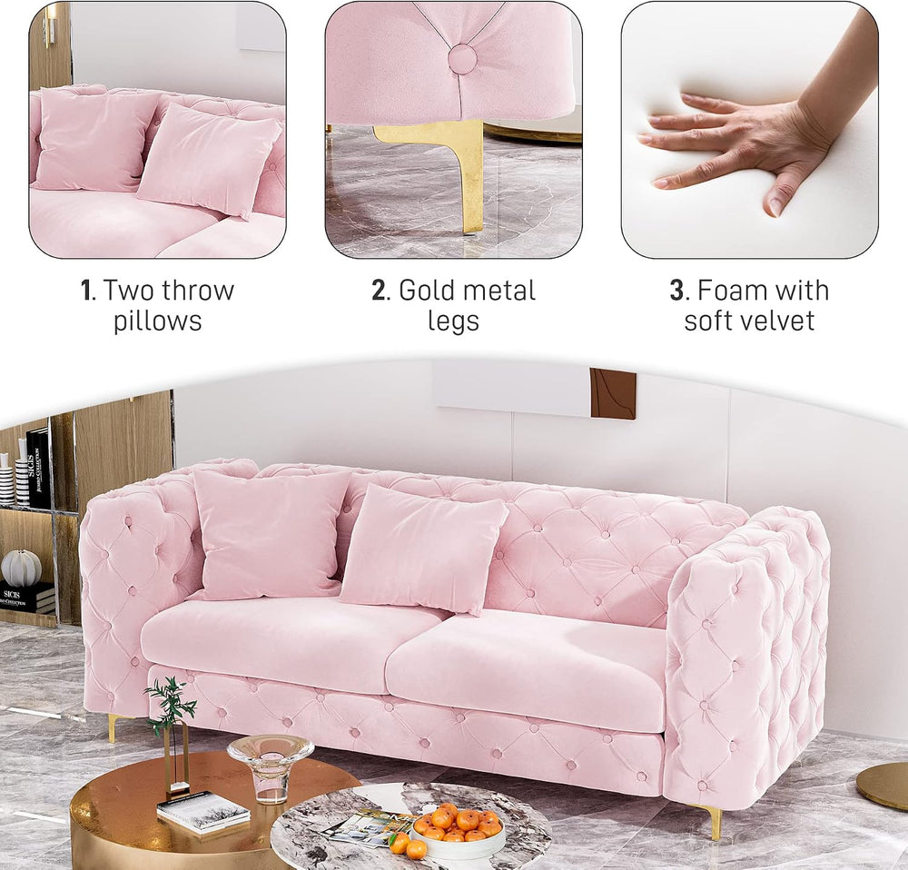 2-Piece 75" Mid Century Velvet Sofa Set, Tufted Back, Gold Metal Legs