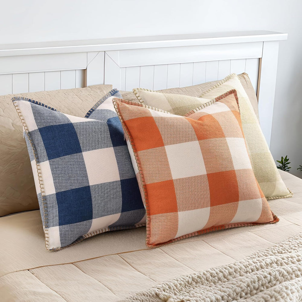 decorUhome Fall Plaid Linen Throw Pillow Covers 26x26 Set of 2 Navy Blue