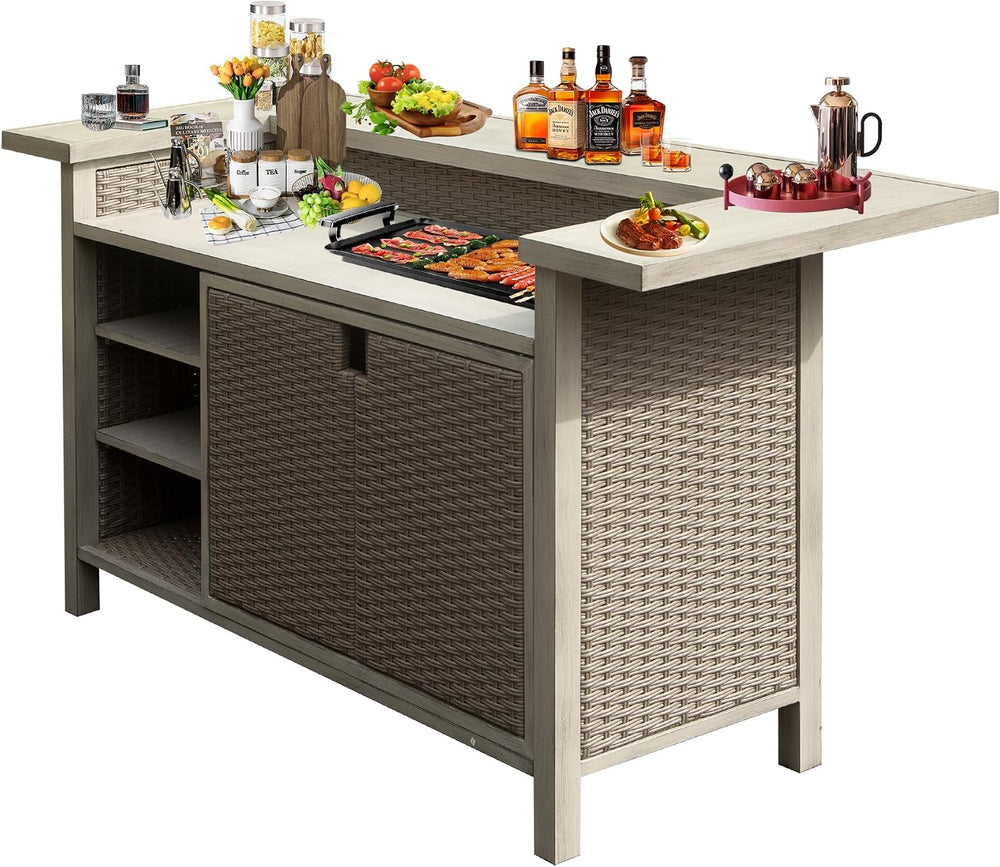 Domi Patio Bar Table, Outdoor Aluminum PE Wicker Bar Cart with Cabinet, All W...
