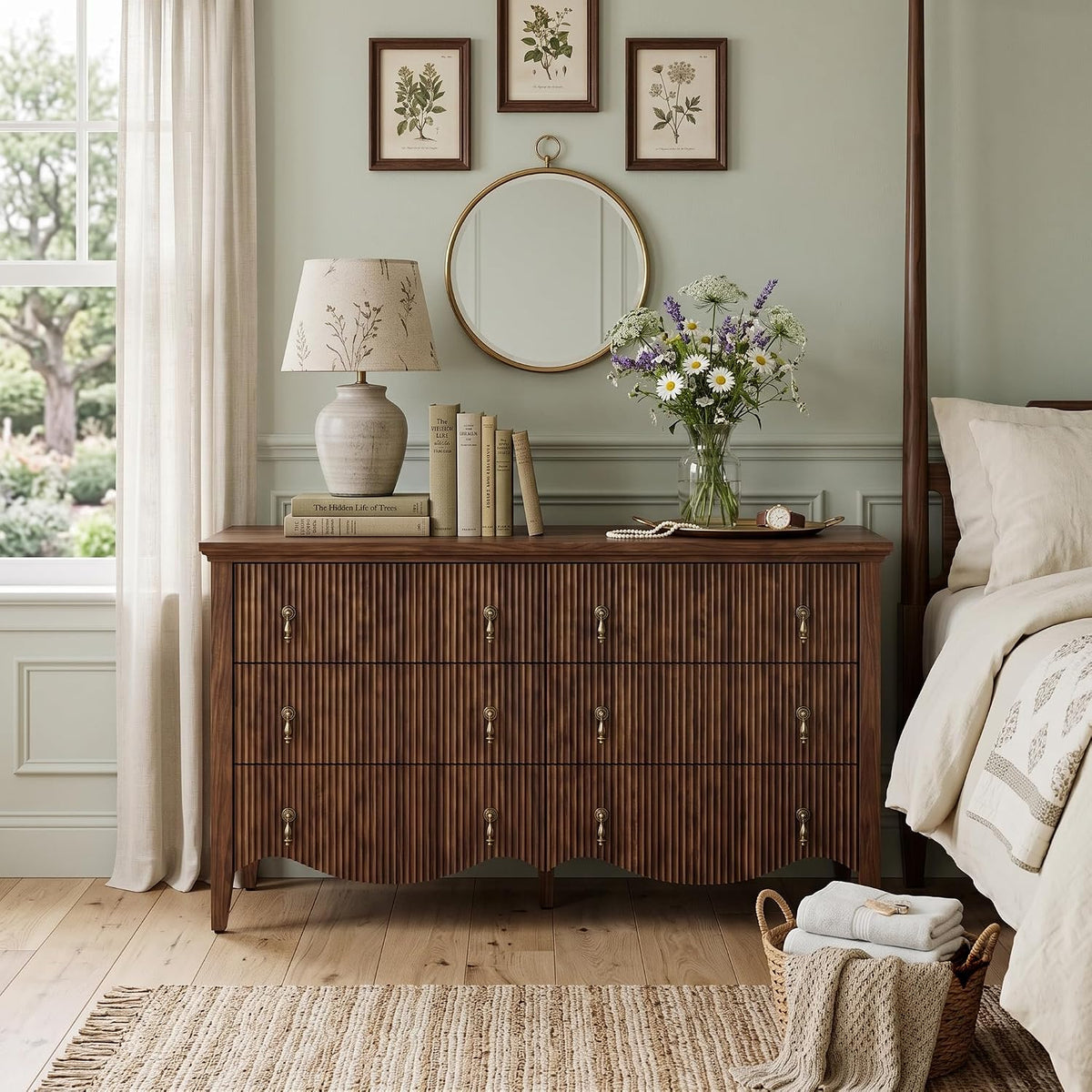 FUSUNBAO 6-Drawer Fluted Dresser, 52" Wide Double Chest of Drawers,Walnut