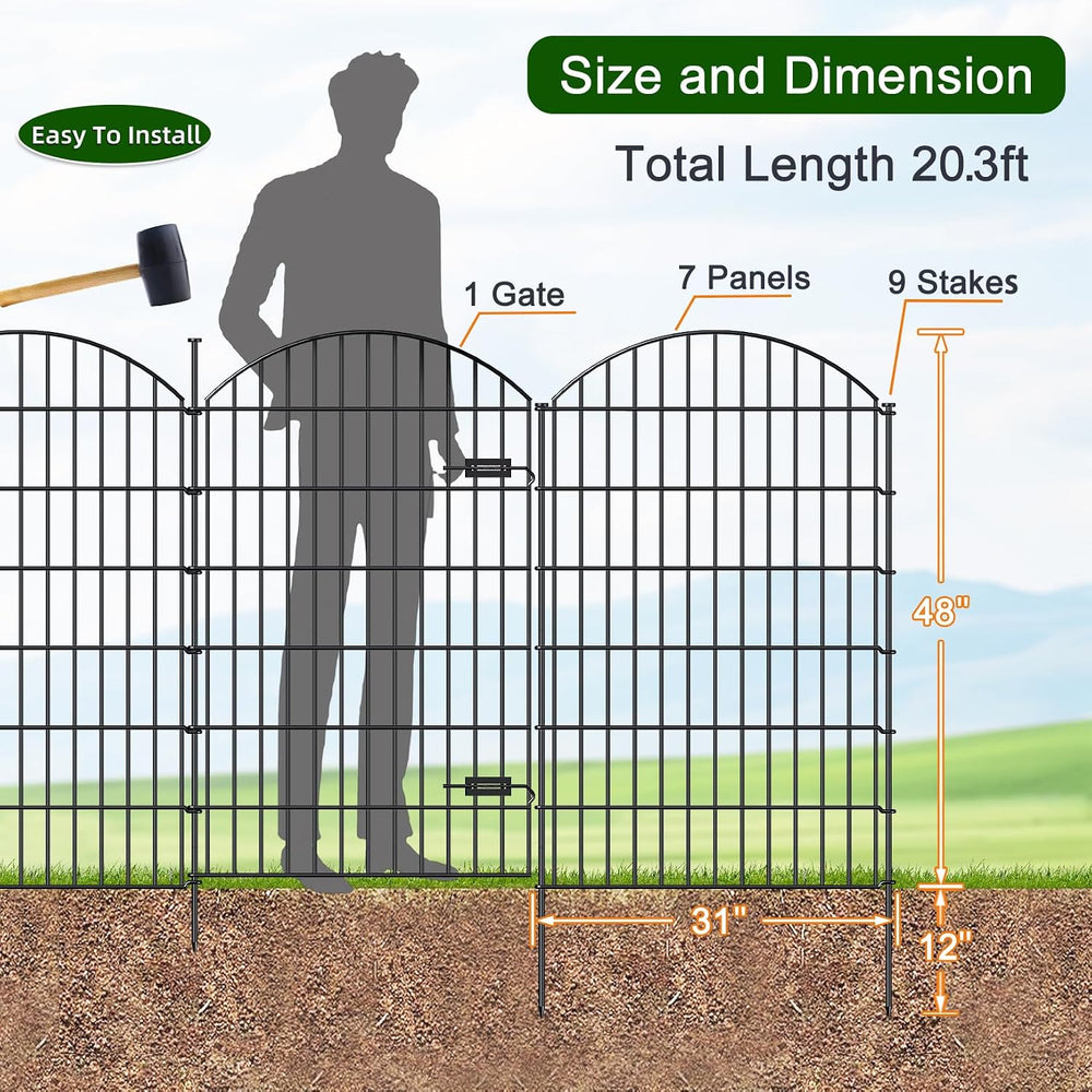 Metal Garden Fence with Gate 48 in x 20.3 ft, No-Dig Outdoor Dog Fence
