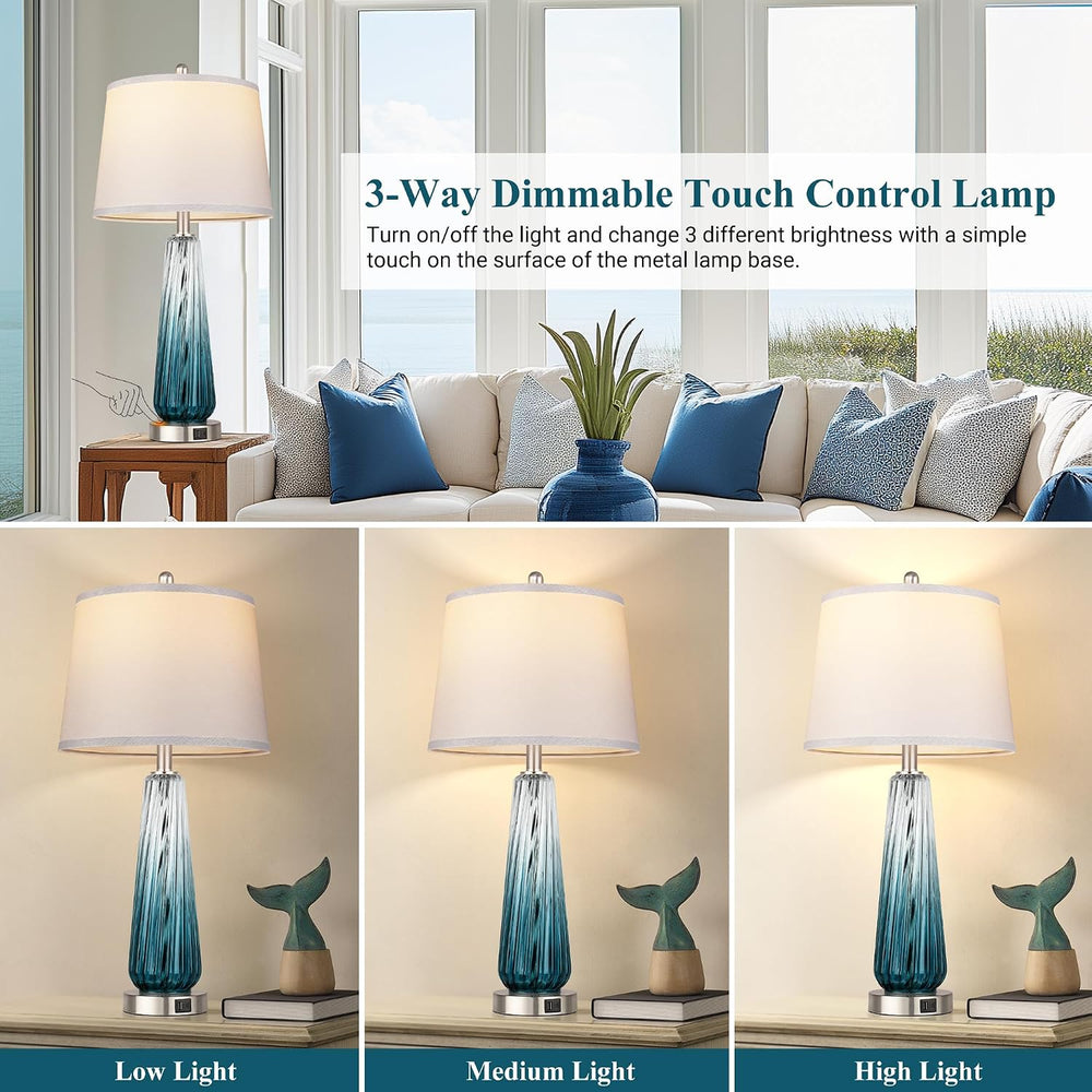 Table Lamps Set of 2 with Touch Control, Modern Glass Bedside Lamps with USB ...