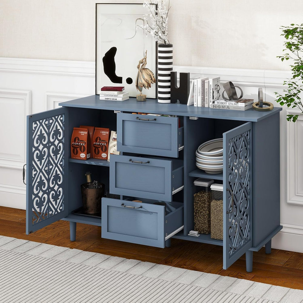 Sideboard Buffet Cabinet, Blue 2 Door 3 Drawer Storage Credenza