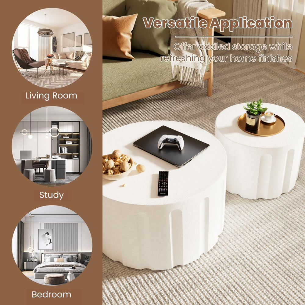 WXFKLDJ Fluted Round Nesting Coffee Table Set of 2, White B, 26.77"+19.6...