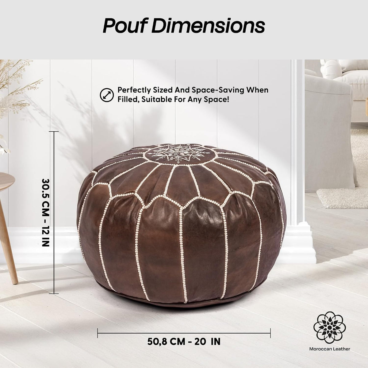 Moroccan Leather Handmade Pouf Ottoman Cover, Unstuffed Foot Stool, Round Boho Footrest for Living Room, Bedroom, Home Decor Gift (Brown By White)