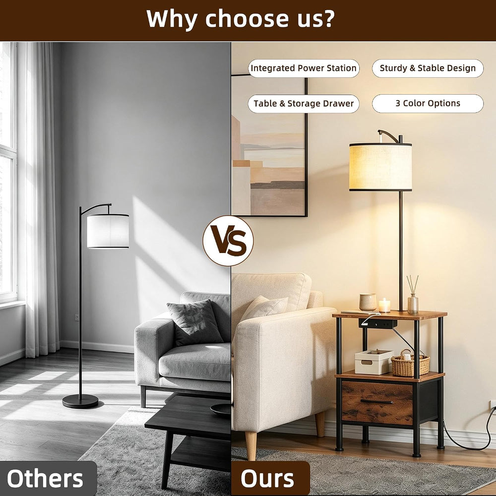 Floor Lamp with Table Set of 2, Fabric Drawer, Rustic Brown, 15" W