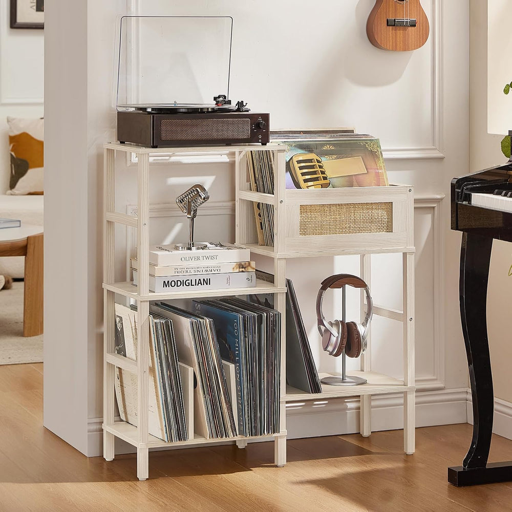 LELELINKY Record Player Stand, White Cream Oak Wood Record Holder with Vinyl ...