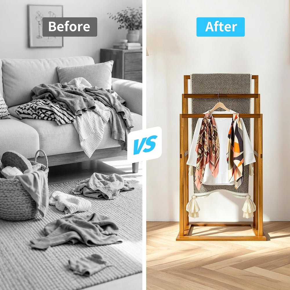 Utoplike Teak Standing Towel Rack for Bathroom, Freestanding Holder 3 Bars