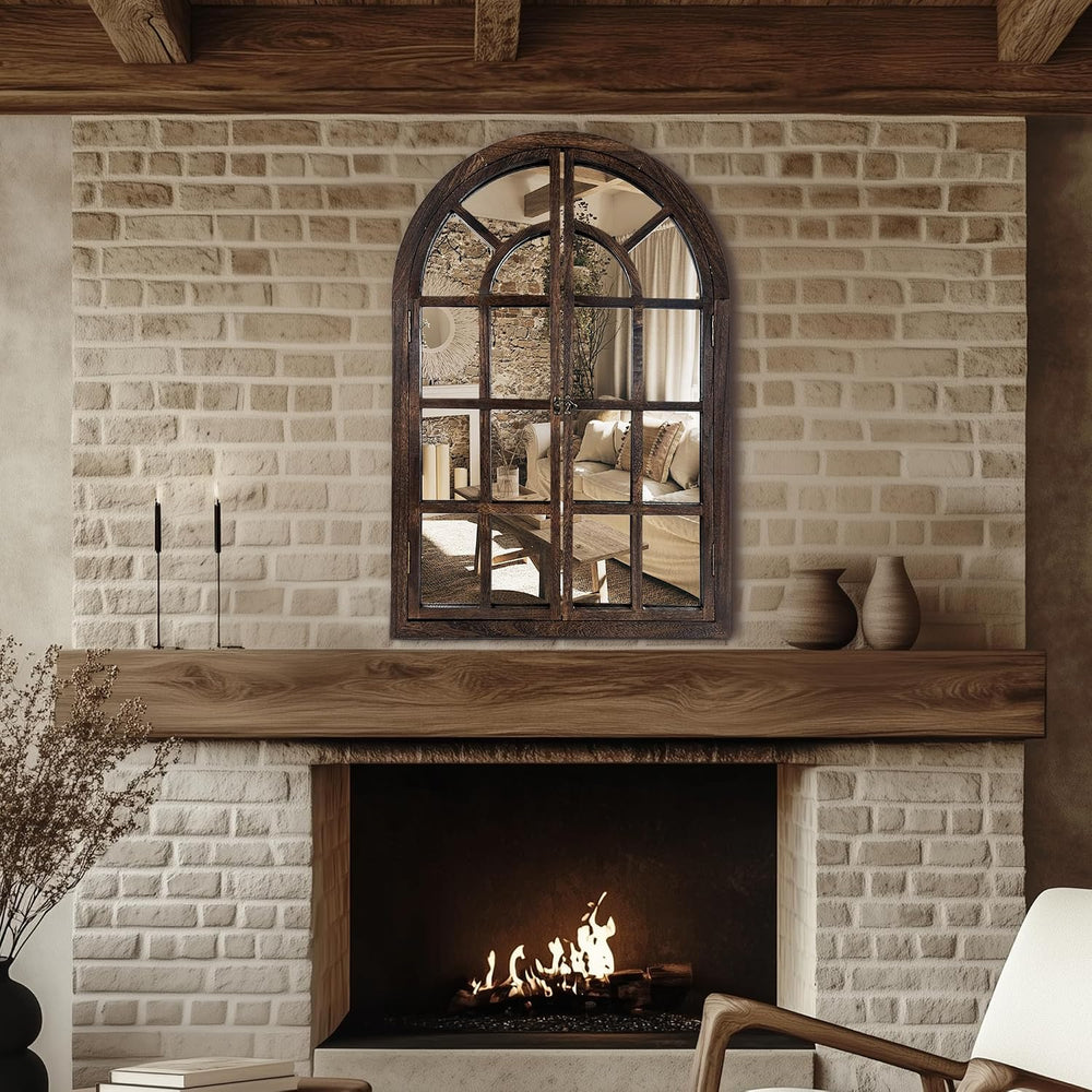 AMOISE Arched Wall Mirror with Wood Window Pane Frame, 24 x 36 Inch, Brown