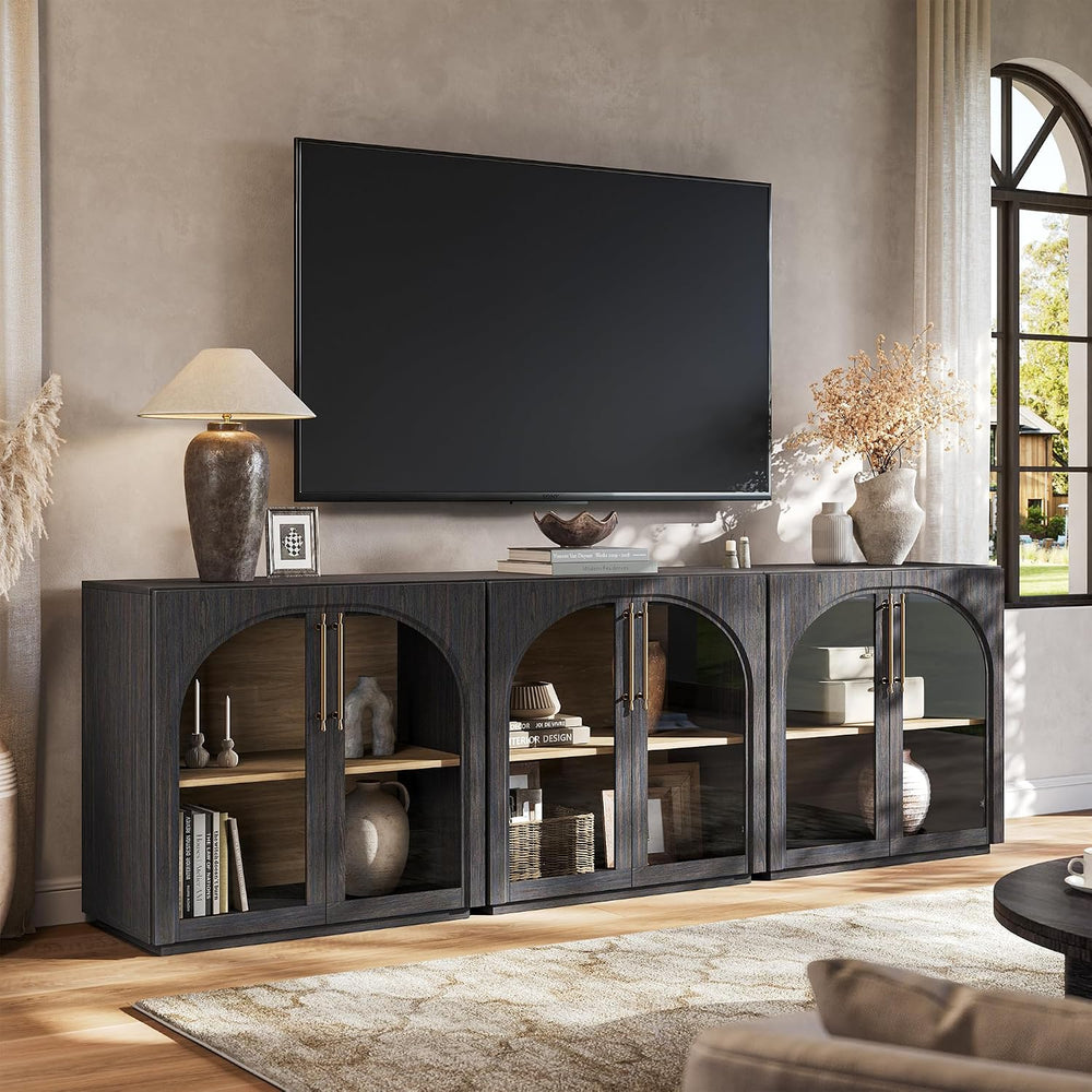 Buffet Cabinet with Glass Doors, 63'' W Arched Display Credenza