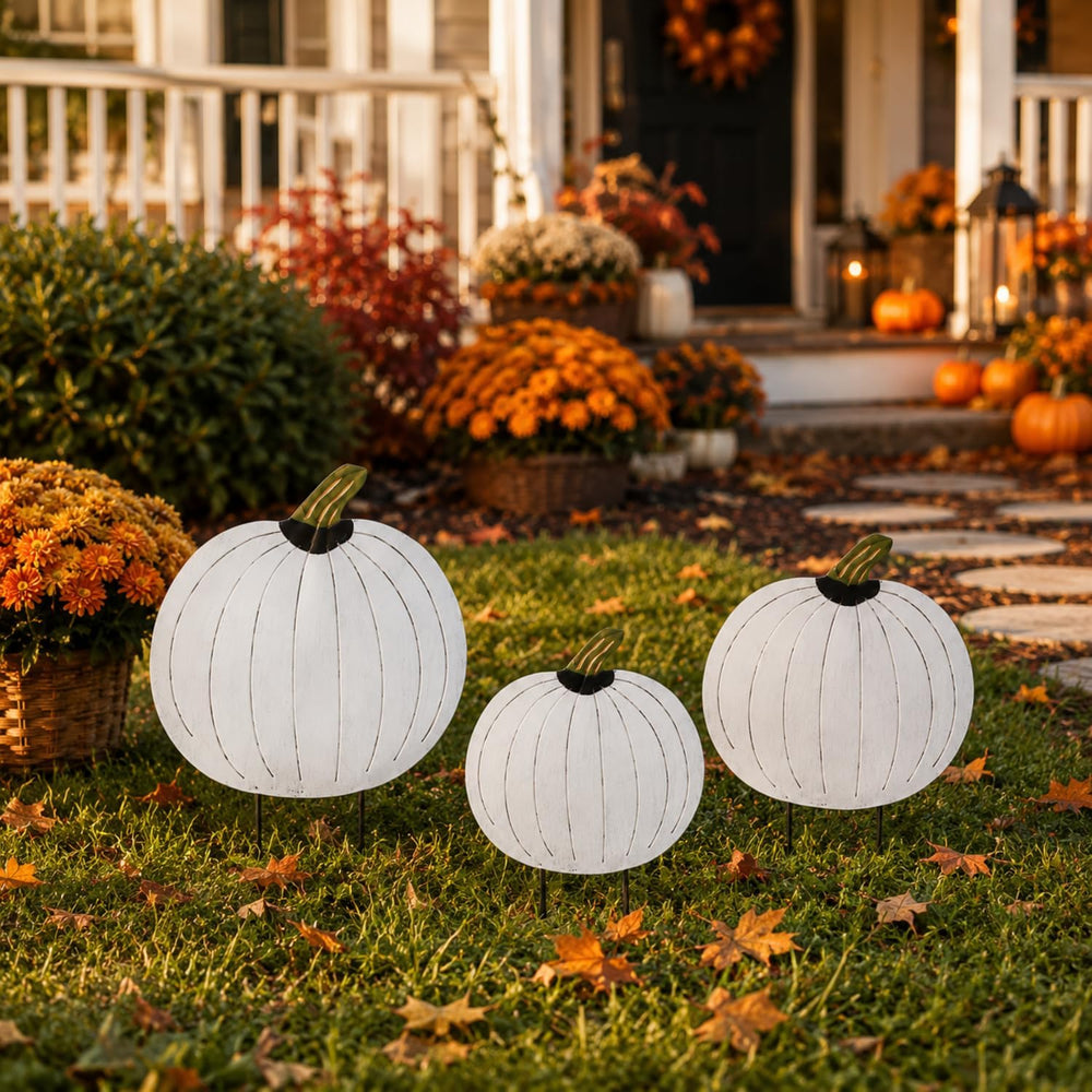 GlikCeil 3 Pcs Fall Decor Outdoor Rustic Pumpkin Stakes, Fall, White