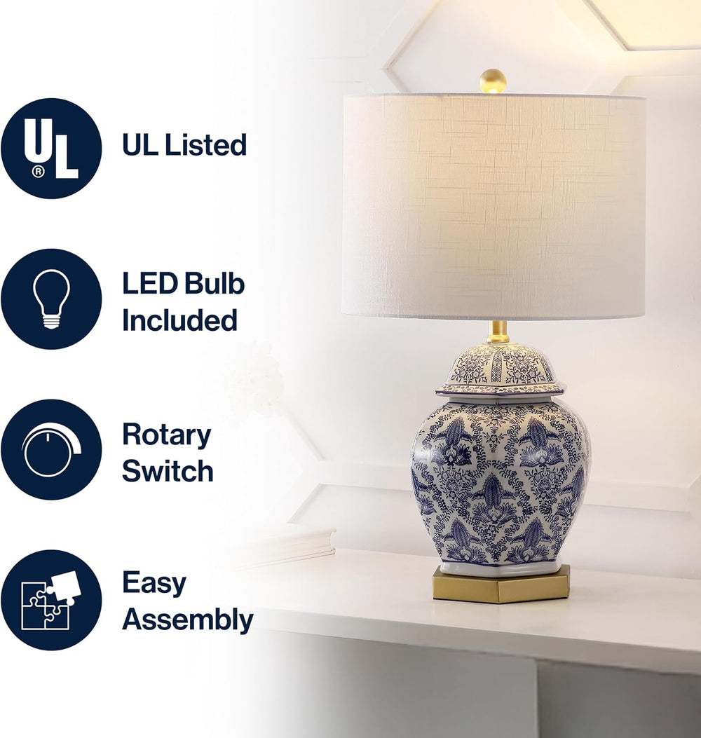 JONATHAN Y Gretchen 25" Ginger Jar Ceramic LED Table Lamp, Blue/White