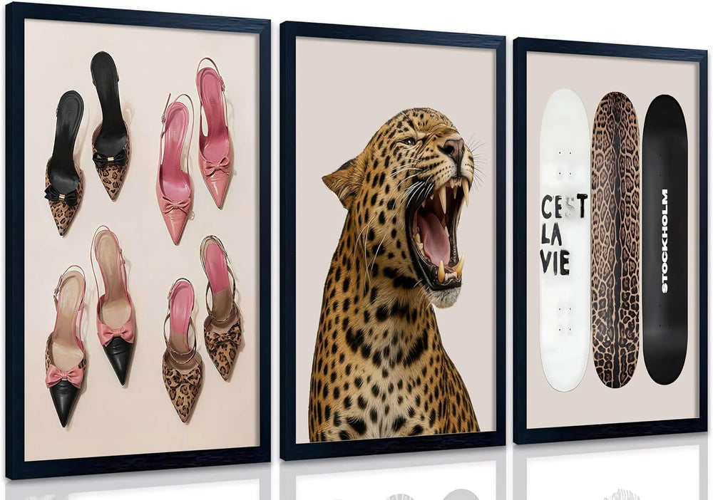Stockholm Style Set of 3 Wall Art Set Leopard Print & Preppy Fashion Art ...