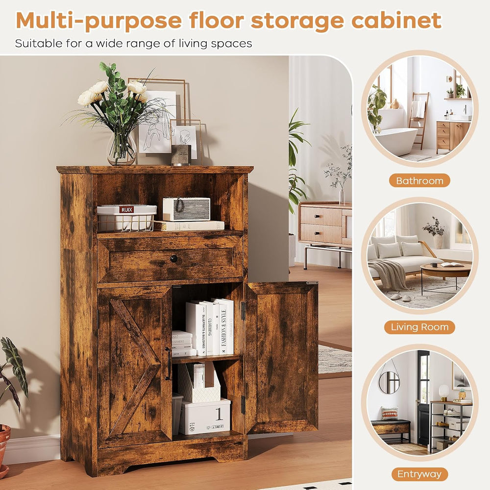 Floor Cabinet, Farmhouse Storage Cabinet with Barn Doors and Drawers