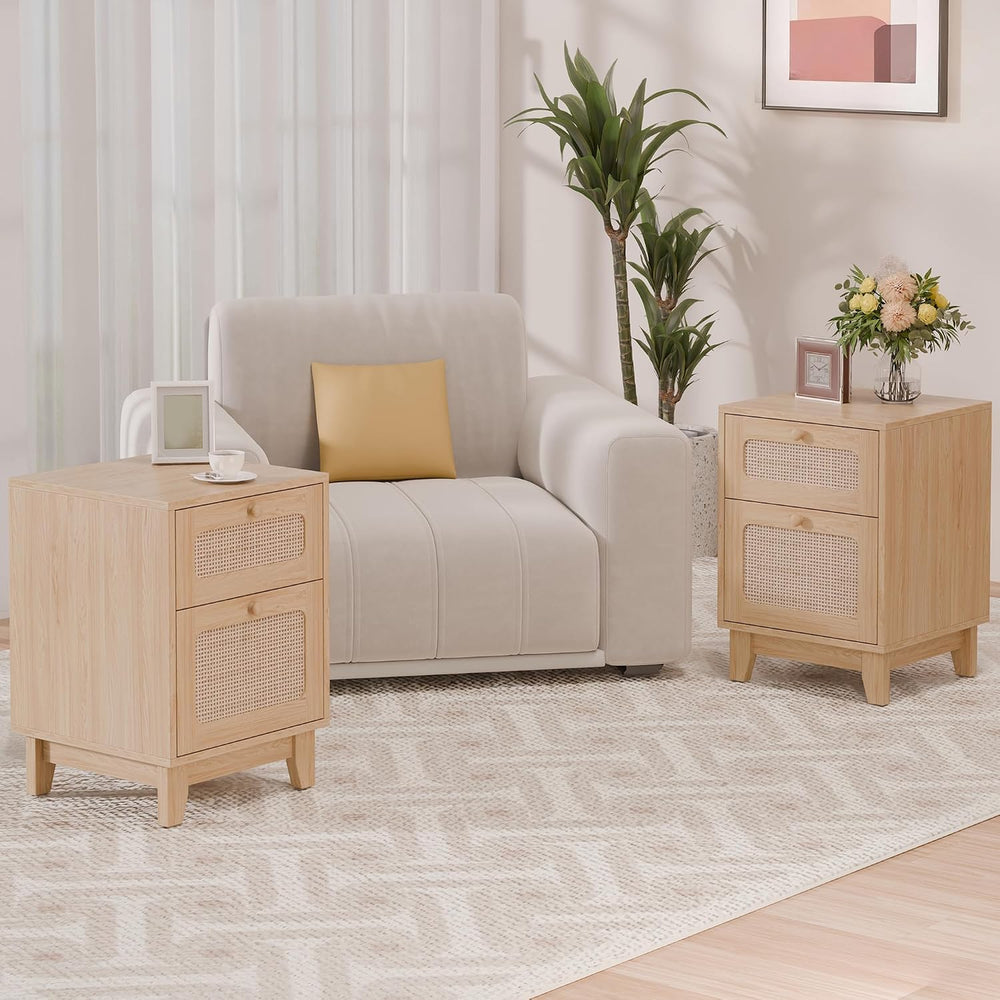 Rattan Nightstand, Boho Side Table with Drawer, Cane Accent Bedside End Table...