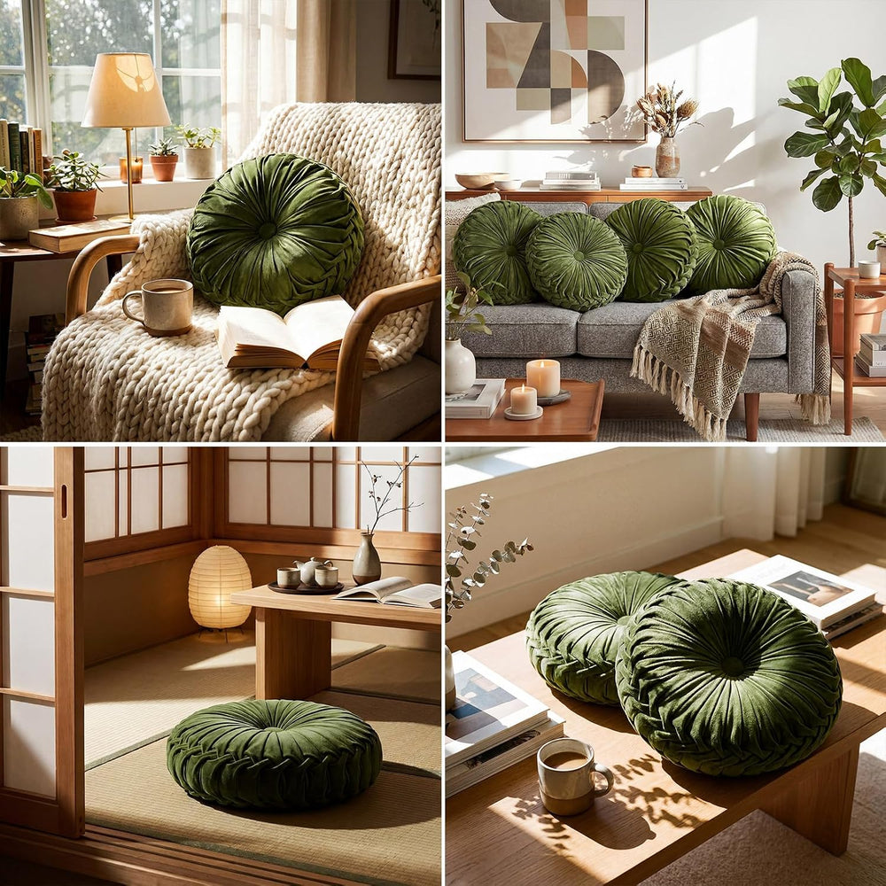 Kathfly 4 Pcs Round Throw Pillows Velvet Pleated Pillows, Olive Green