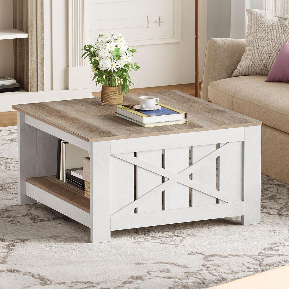 DWVO Square Farmhouse Coffee Table with 2-Tier Storage, Grey Wash