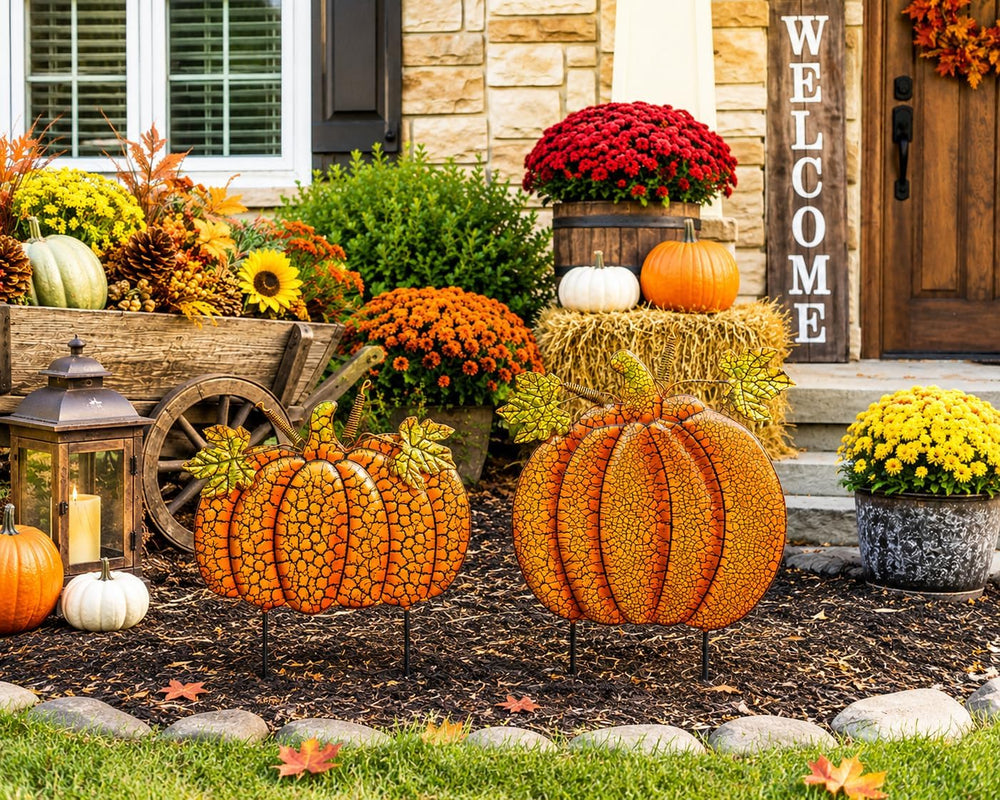 S/2 Garden Stakes Metal Pumpkins Outdoor Decor Thanksgiving Fall Harvest Hall...