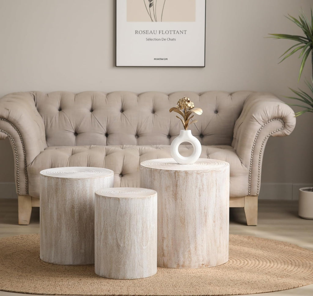 VELOVE Wood Stump Side Tables, Set of 3, White wash Finish