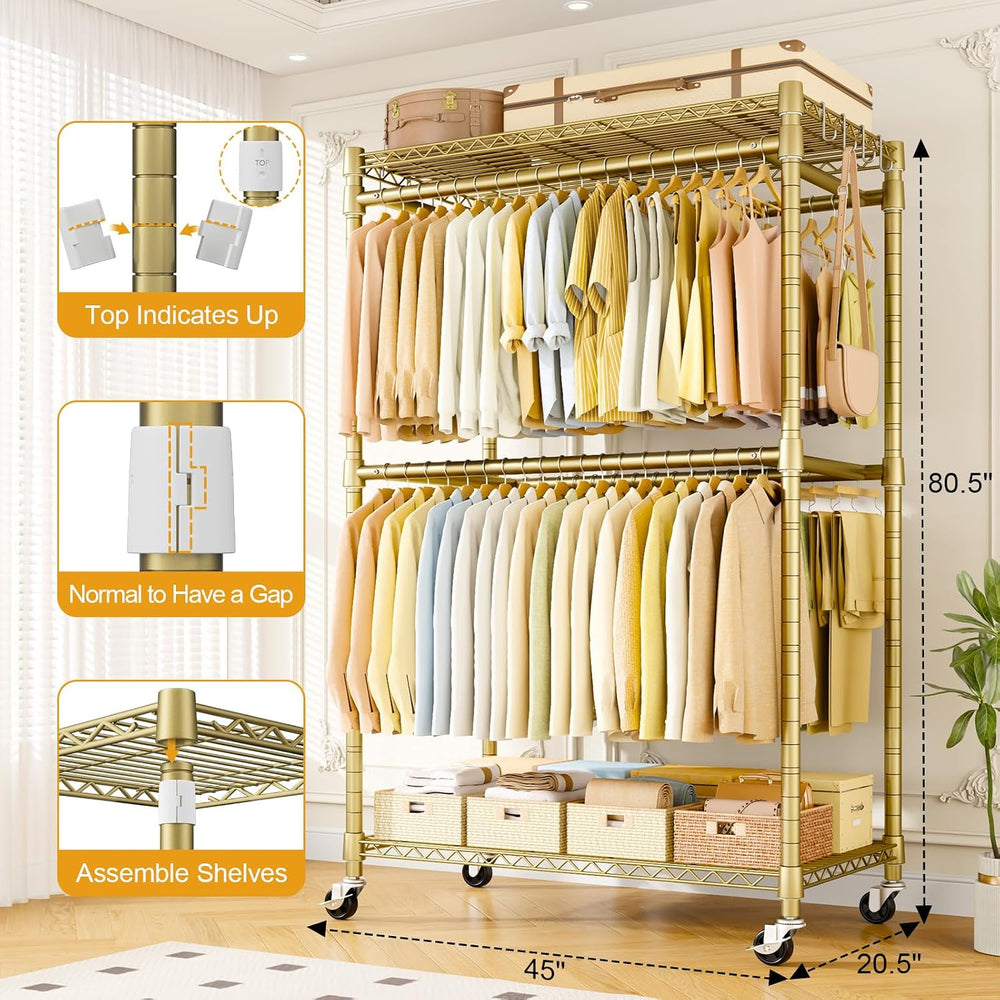 ULIFHOME Rolling Clothes Rack, Clothing Racks for Hanging Clothes, Gold