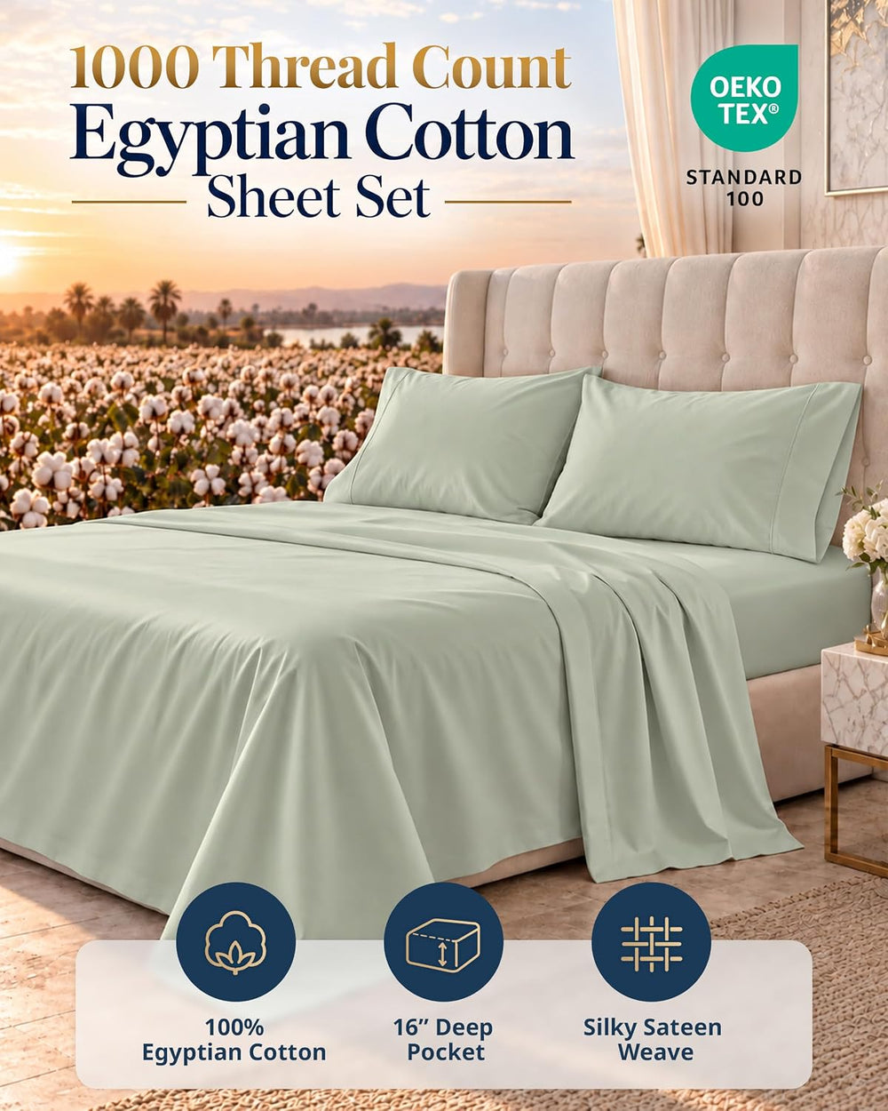 LANE LINEN Bed Sheets Queen Size 100% Egyptian Cotton Sateen - Mineral