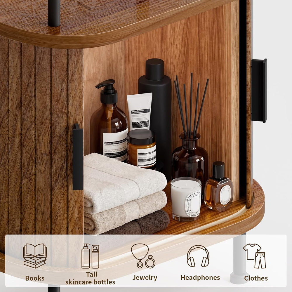 Fluted Nightstand, Walnut Bedside Table with Charging Station