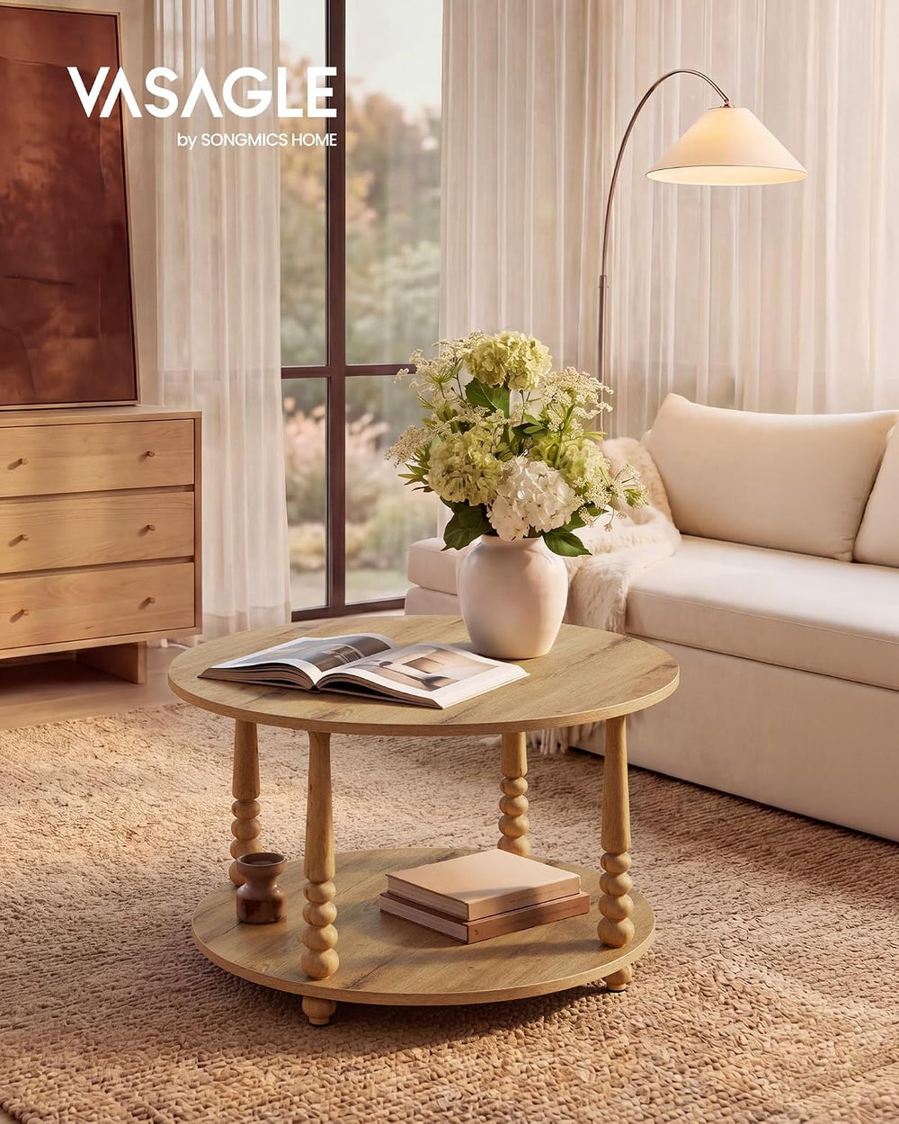 VASAGLE 2-Tier Round Coffee Table with Storage, Solid Wood Legs