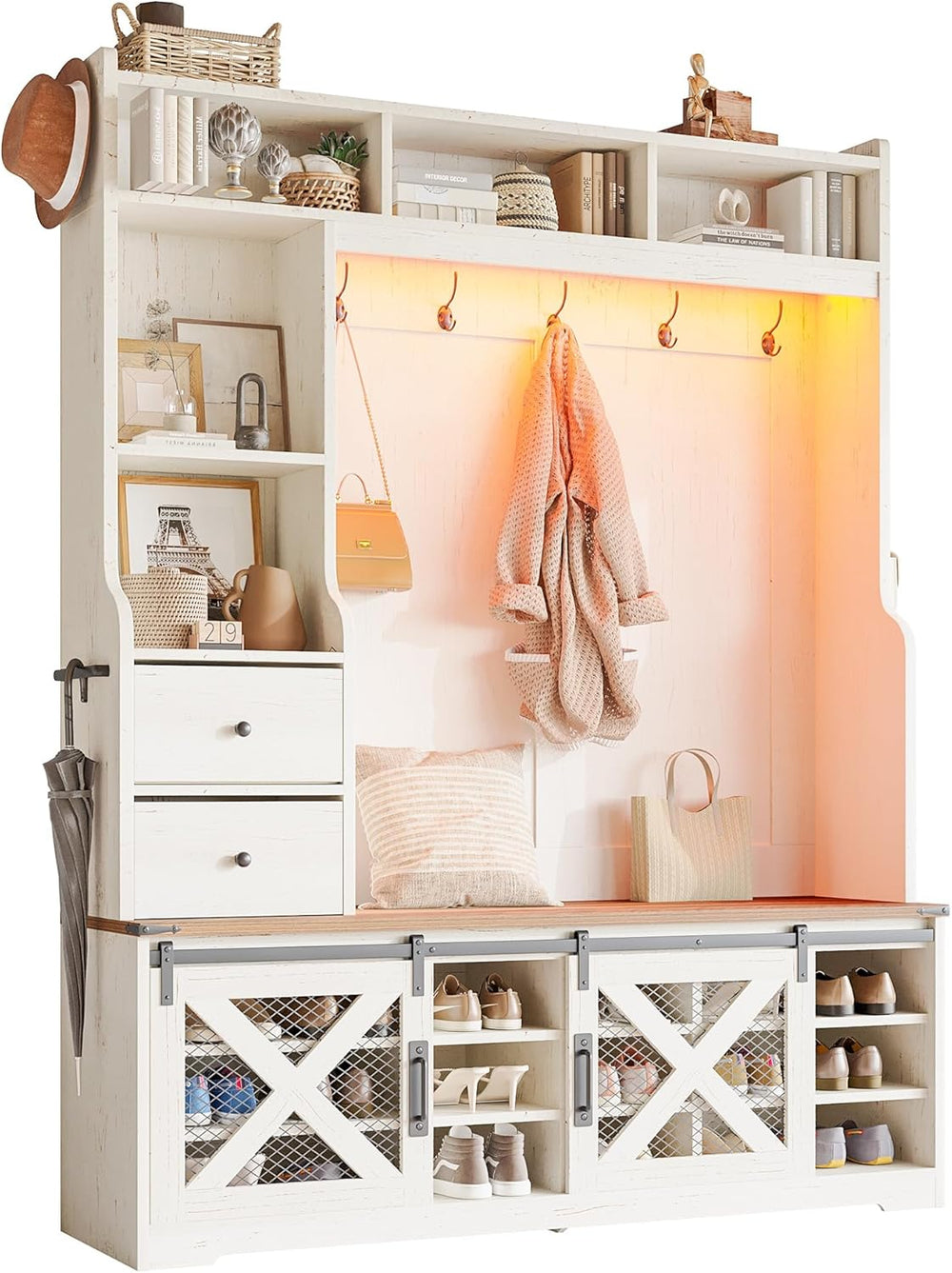 AMERLIFE 75" 7-in-1 Farmhouse Hall Tree with Shoe Bench & LED, Rusti...