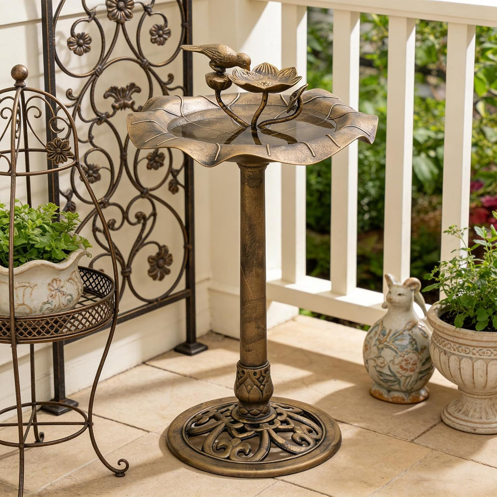 Magshion Bird Bath for Outside w/ Small Feeder Bowl, 35" Tall, Bronze