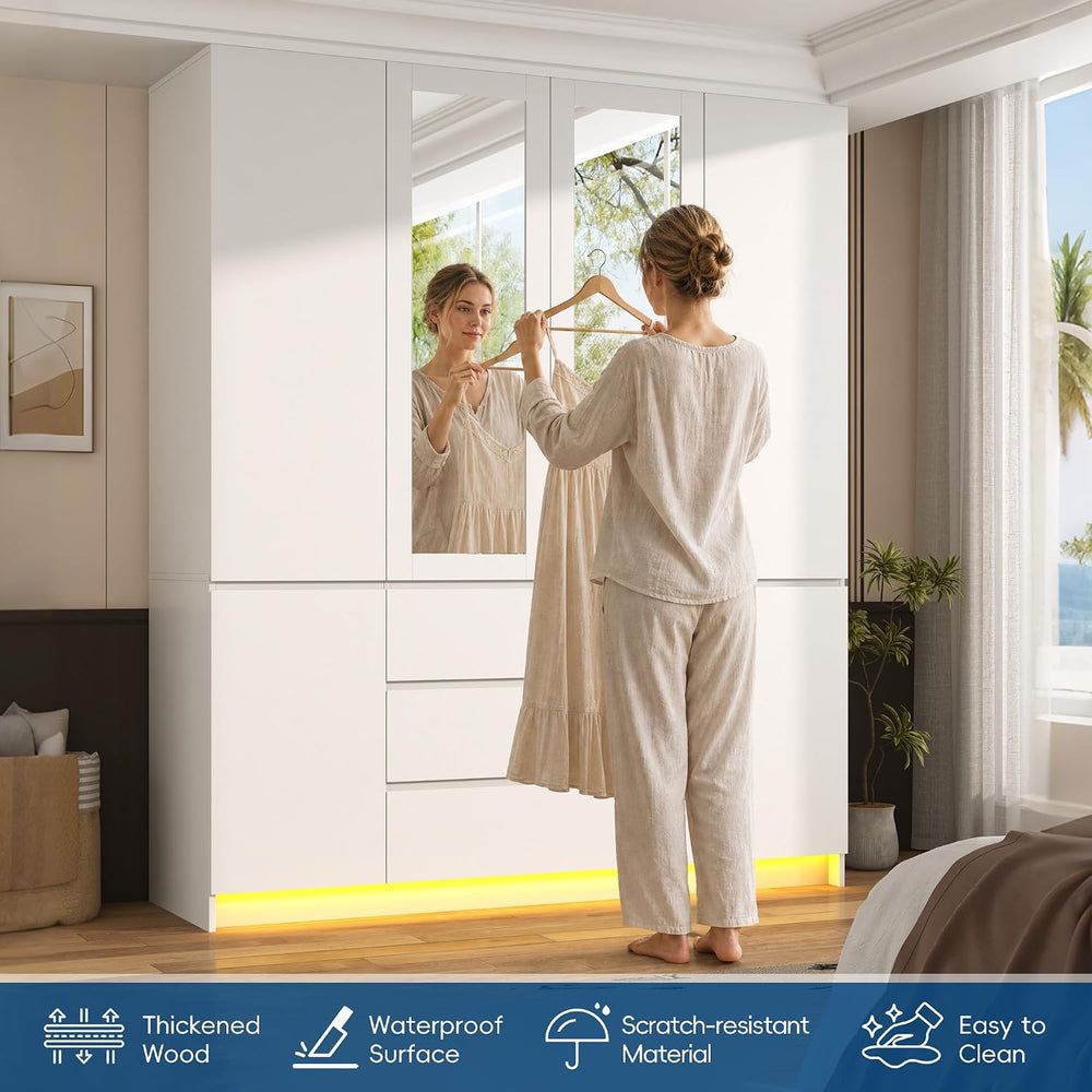 75" Tall Modern Wardrobe Closet with 2 Mirrors,LED Lights, 63"W Arm...